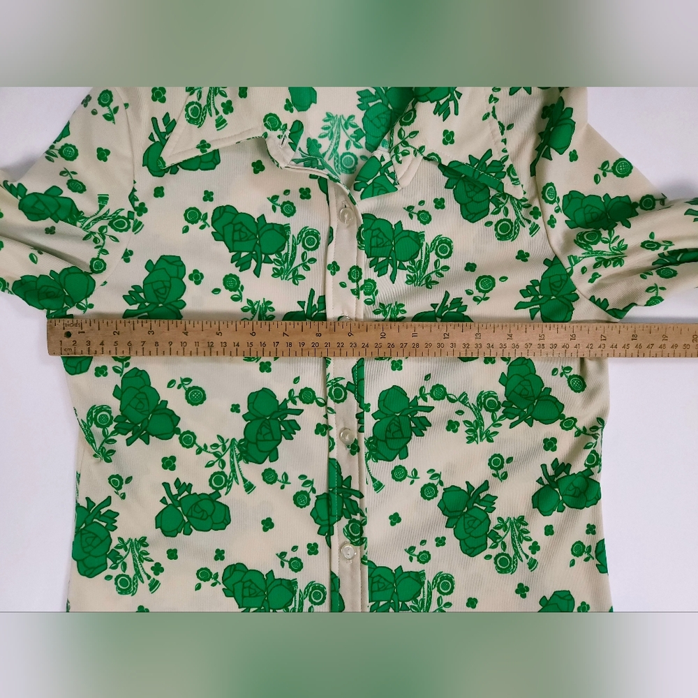 Alex Colman California Vintage 70s Point Collar Flowy Top Green Cream Small - Picture 15 of 16